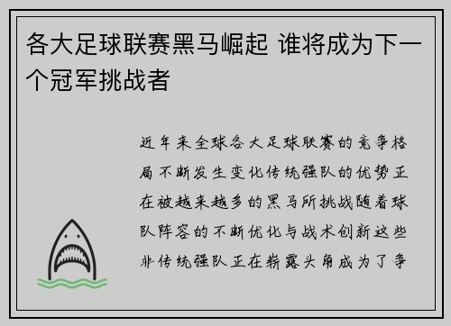各大足球联赛黑马崛起 谁将成为下一个冠军挑战者