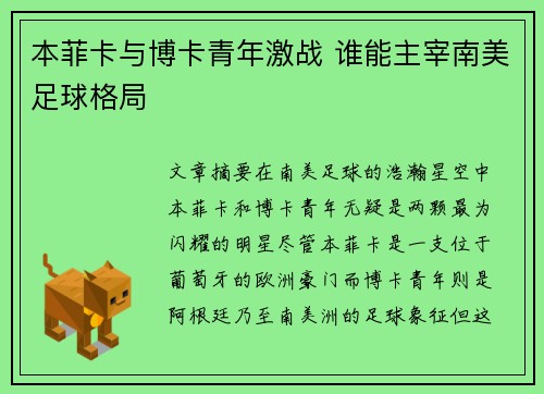 本菲卡与博卡青年激战 谁能主宰南美足球格局