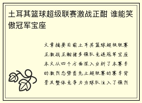 土耳其篮球超级联赛激战正酣 谁能笑傲冠军宝座