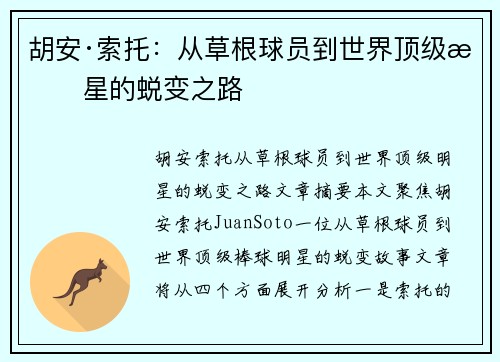 胡安·索托：从草根球员到世界顶级明星的蜕变之路